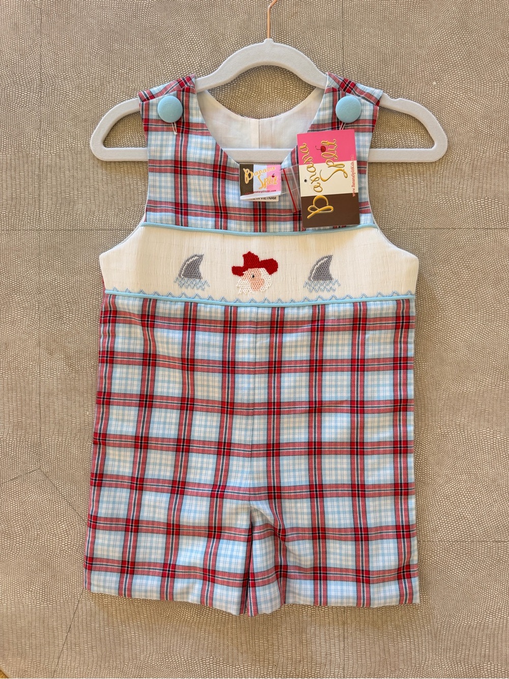 Plaid Smocked Shortall with Sailor Motif - Red & Blue